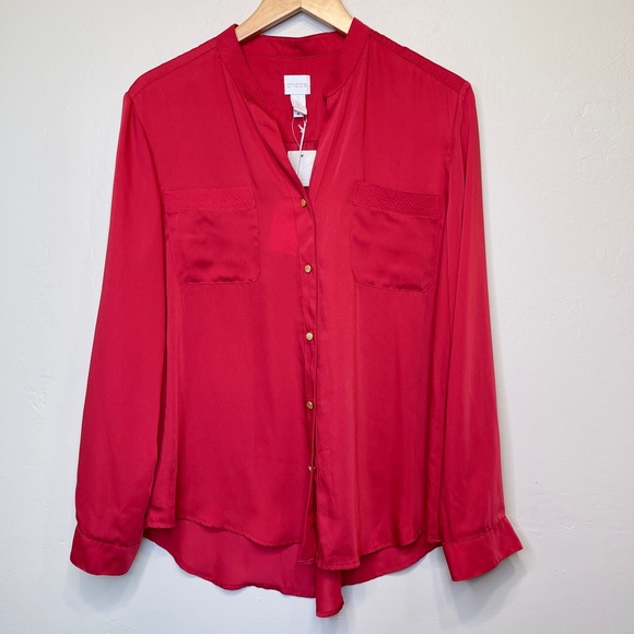 Chico’s | NWT Red Textured Gold Button Down Charmeuse Chic Blouse - Picture 4 of 16
